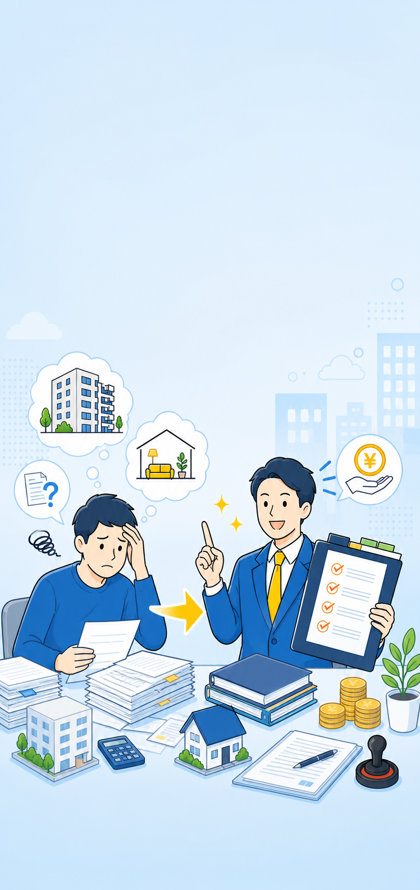 調べものに混乱する一人社長と、代わりに手続きを進めるパートナーのイラスト