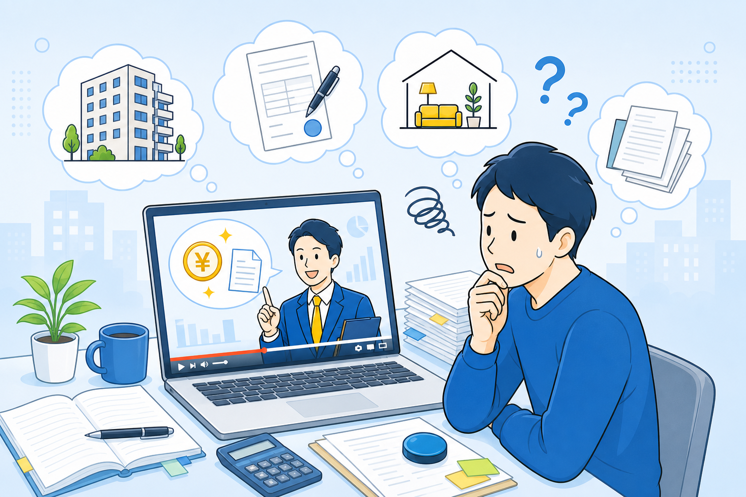 パソコンで税理士の節税解説動画を見ながら、社宅化の手続きに悩む一人社長のイラスト
